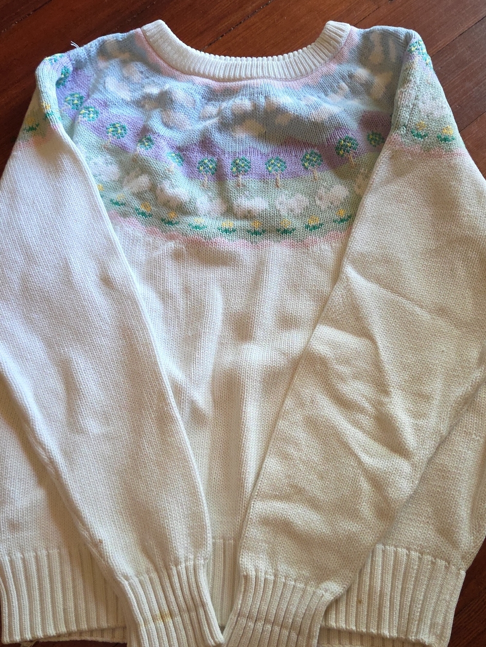 Vintage Eddie Bauer White Sweater with Bunnies trees Light Blue Lavender Stripes